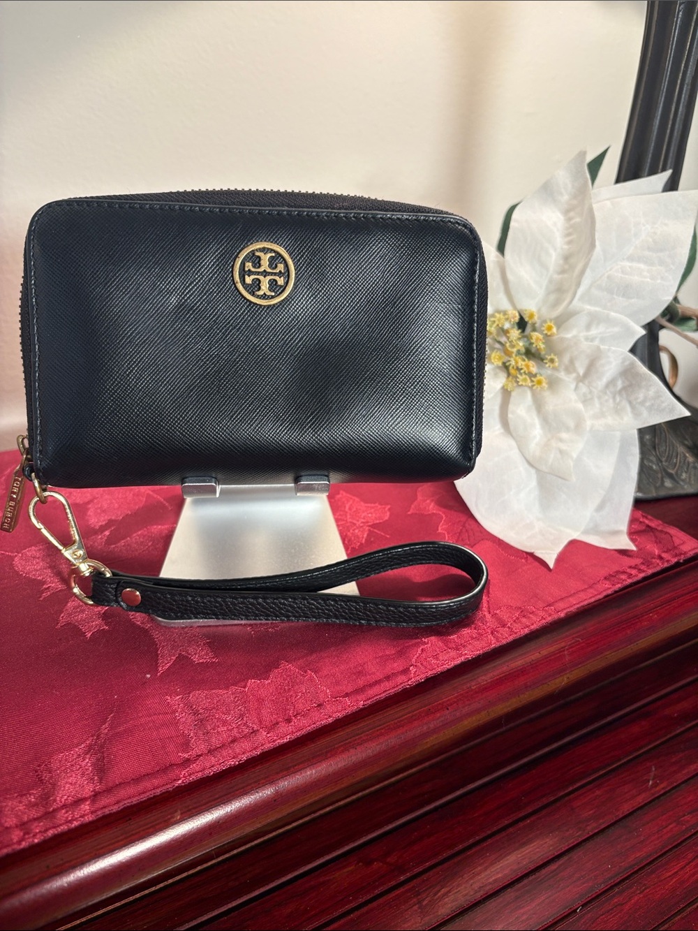Tory Burch Black Saffiano Leather Wristlet/Wallet with Gold Logo